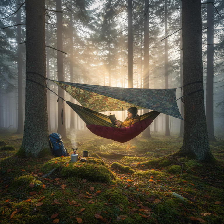 Cozy hammock camp between pine trees at misty dawn with tarp and underquilt