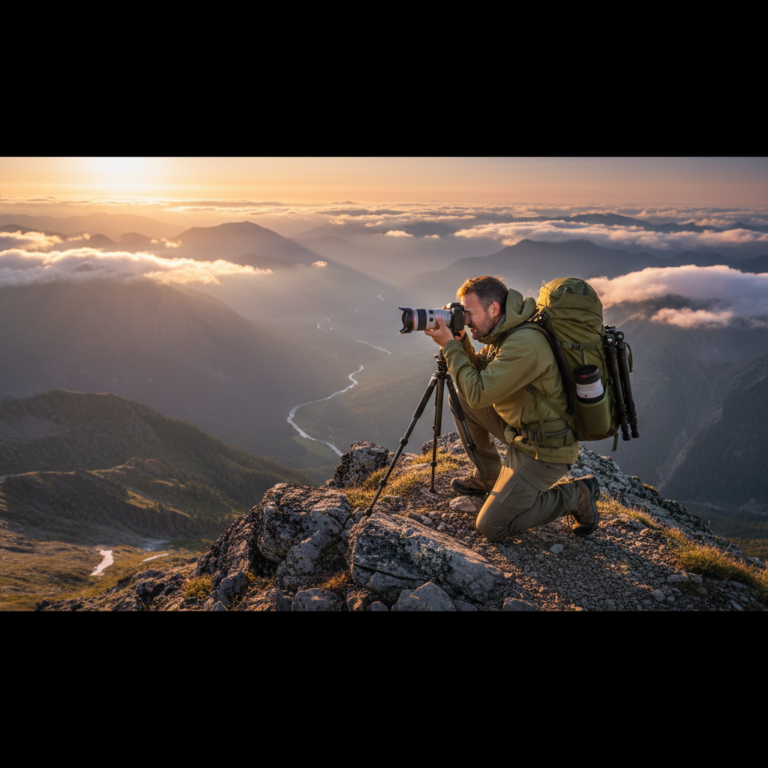 Photographer with mirrorless camera on mountain ridge at golden hour