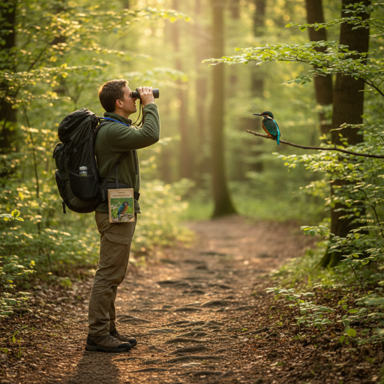 Hiker looking through binoculars at colorful bird on forest trail