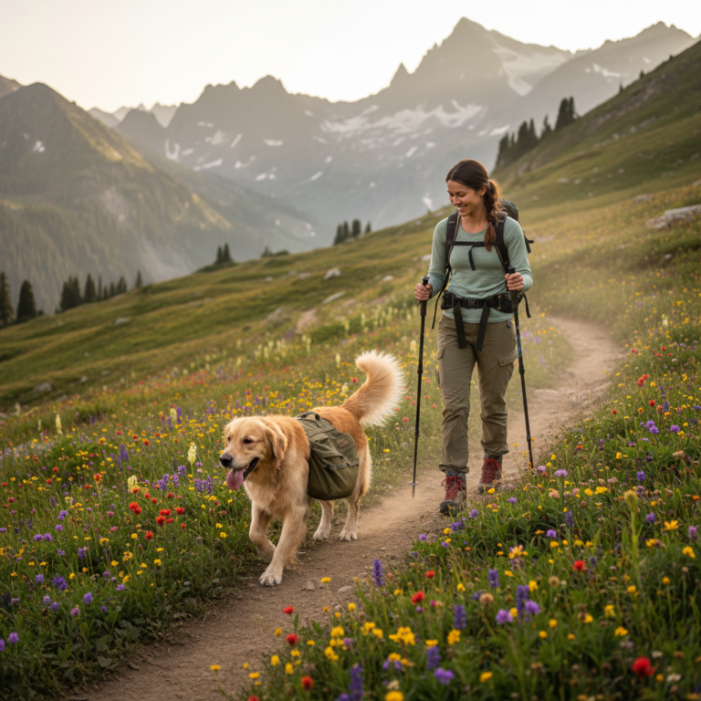 Golden retriever with dog backpack hiking on mountain trail
