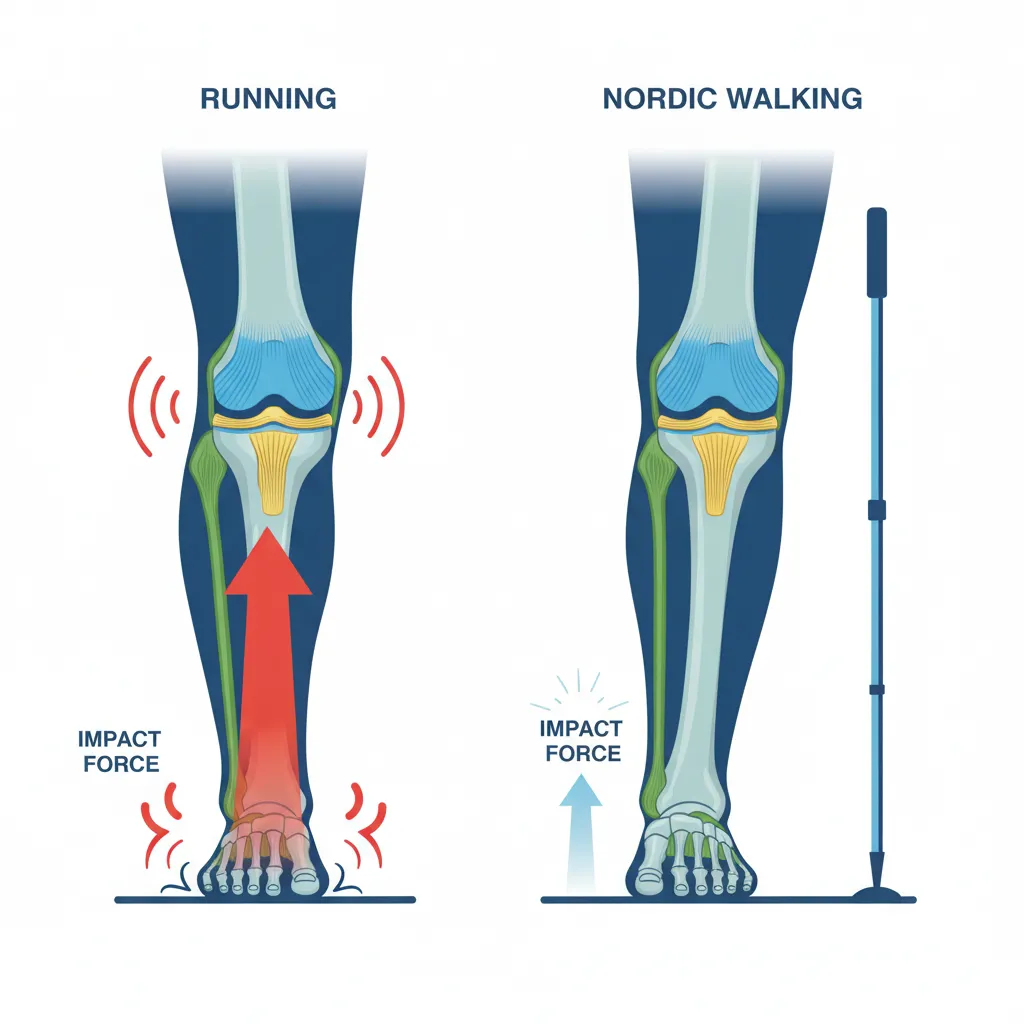 joint impact force comparison running versus nordic walking biomechanics diagram