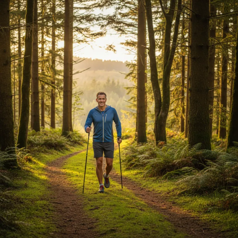 Person Nordic walking on a forest trail - cancer prevention through exercise