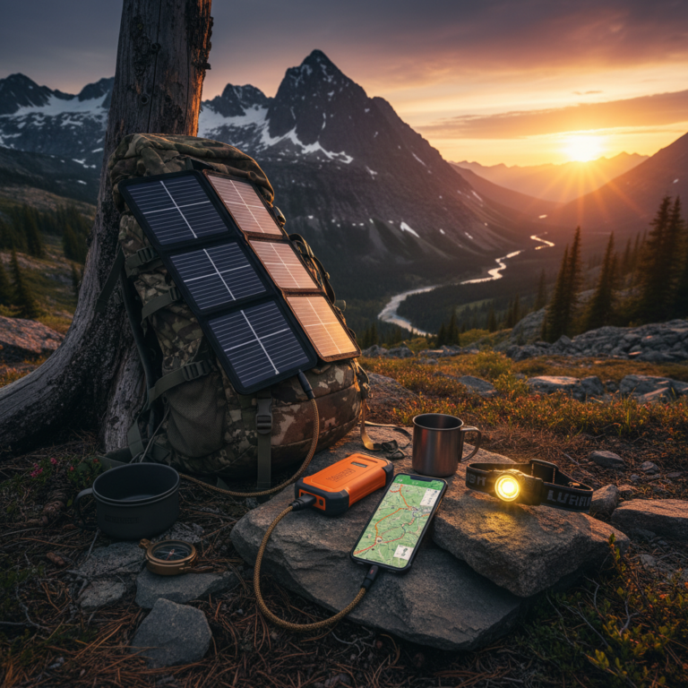 Solar panel charging devices at camp in mountain wilderness