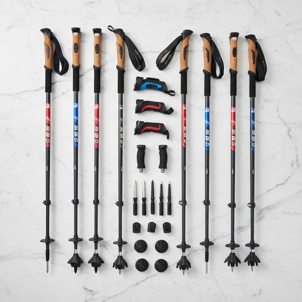 nordic walking poles comparison flat lay product photography