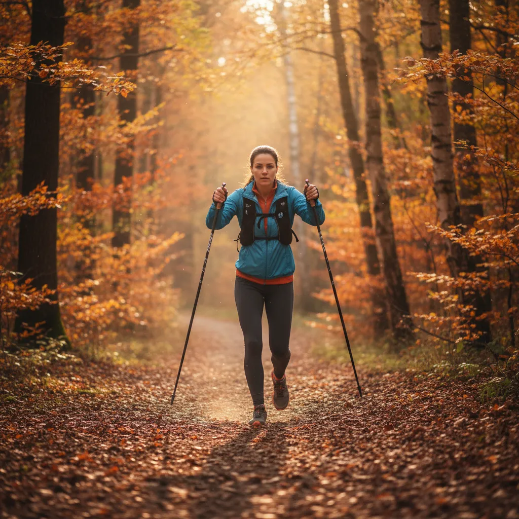 person nordic walking forest trail healthy joints active lifestyle