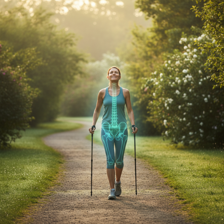 Person Nordic walking with spine alignment overlay showing decompression