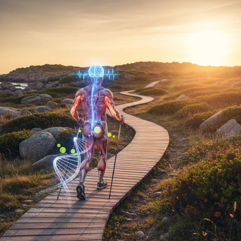 Nordic walker with neural and cellular biology overlay