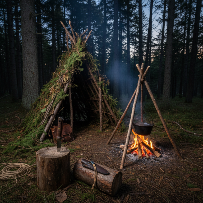 Bushcraft camp with handmade shelter and campfire at dusk