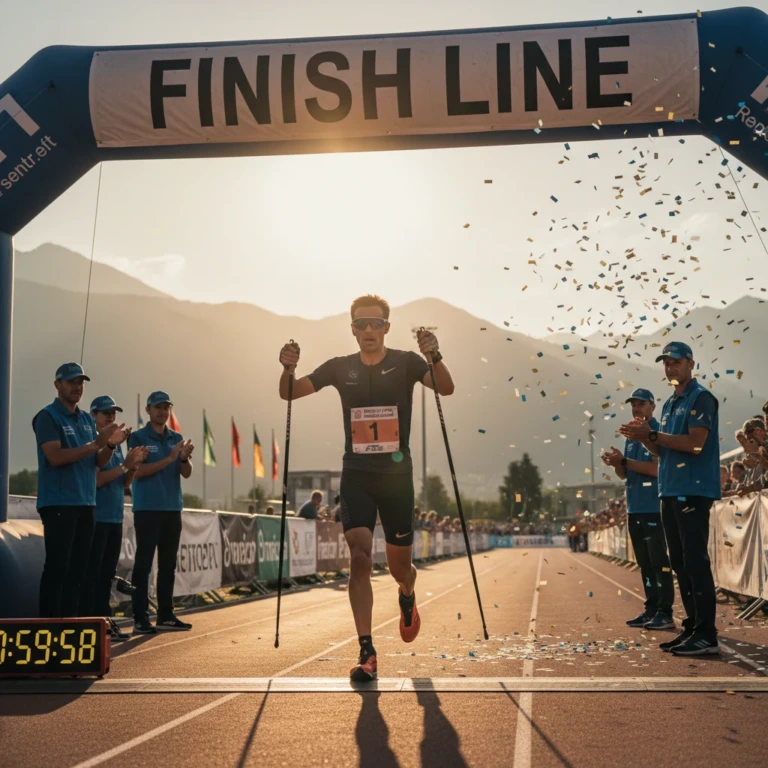 Elite Nordic walking athlete crossing the finish line at an international race