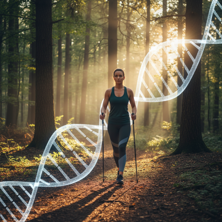 DNA double helix overlaid on Nordic walking trail scene