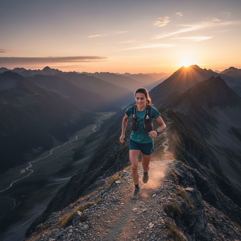 Trail runner with ultralight vest on mountain ridge at sunrise