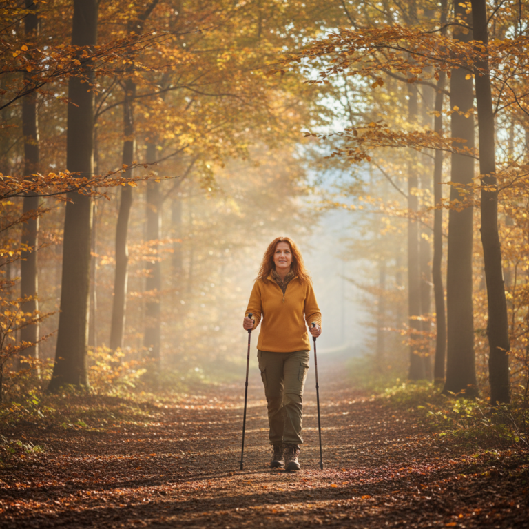 Person Nordic walking peacefully in forest for mental health