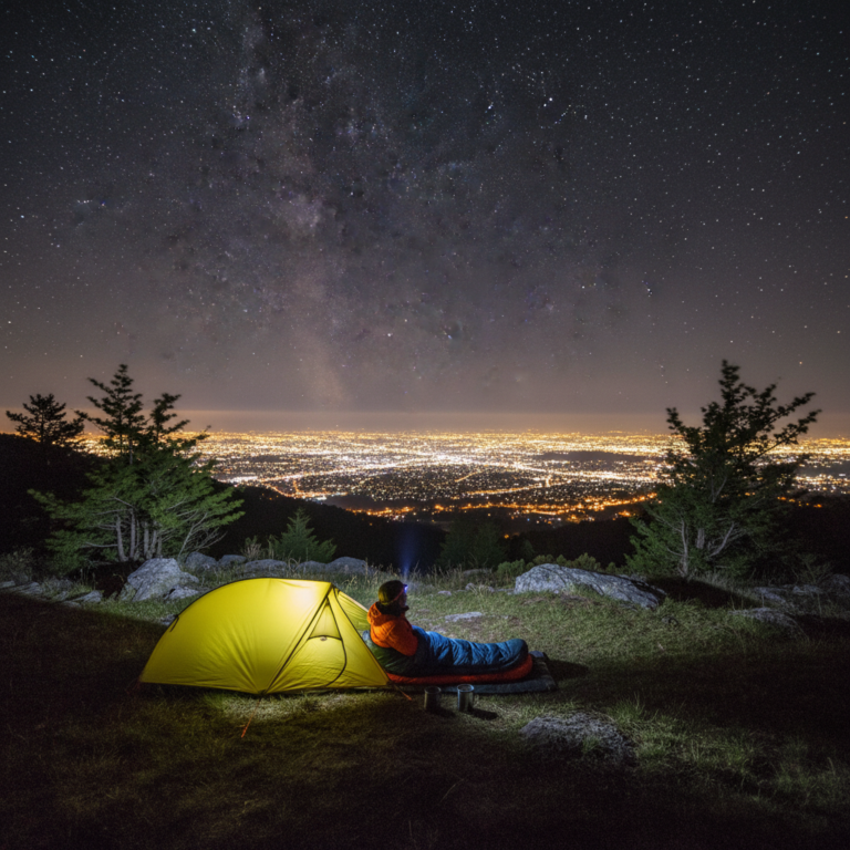 Bivvy under stars on hilltop overlooking city lights