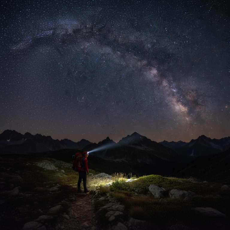 Hiker with headlamp on mountain trail under Milky Way starry sky