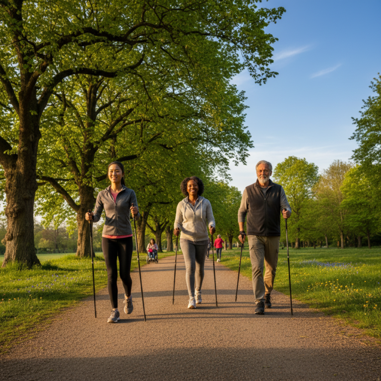Diverse group Nordic walking together on park trail at golden hour