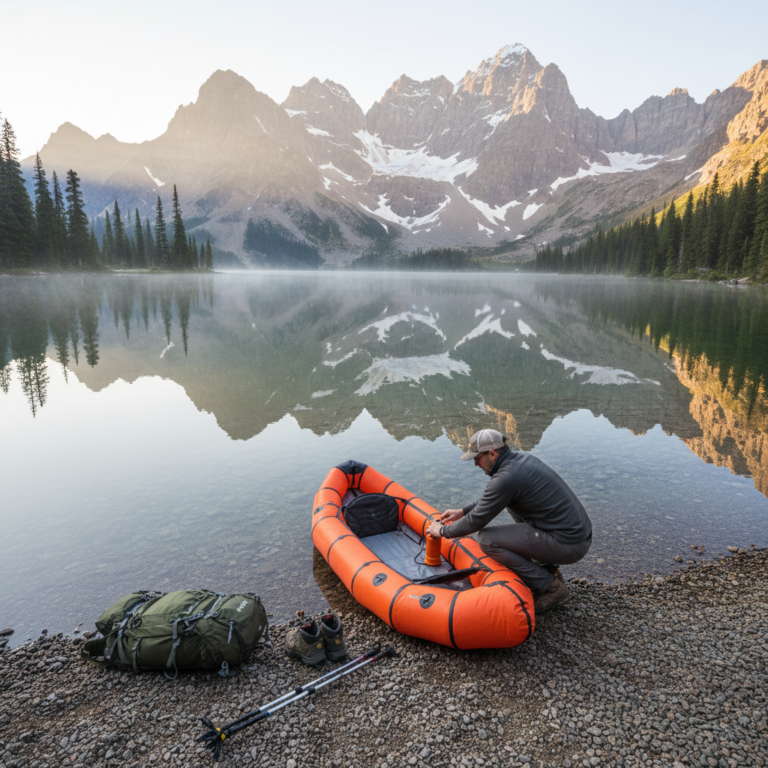 Hiker inflating packraft on mountain lake shore