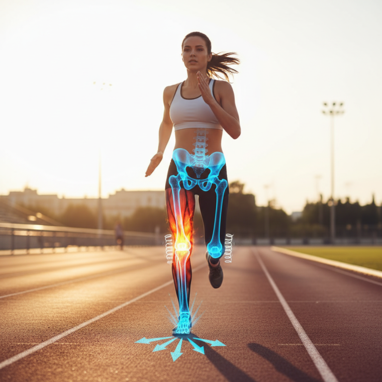 Runner in mid-stride with anatomical overlay showing force vectors and muscle activation
