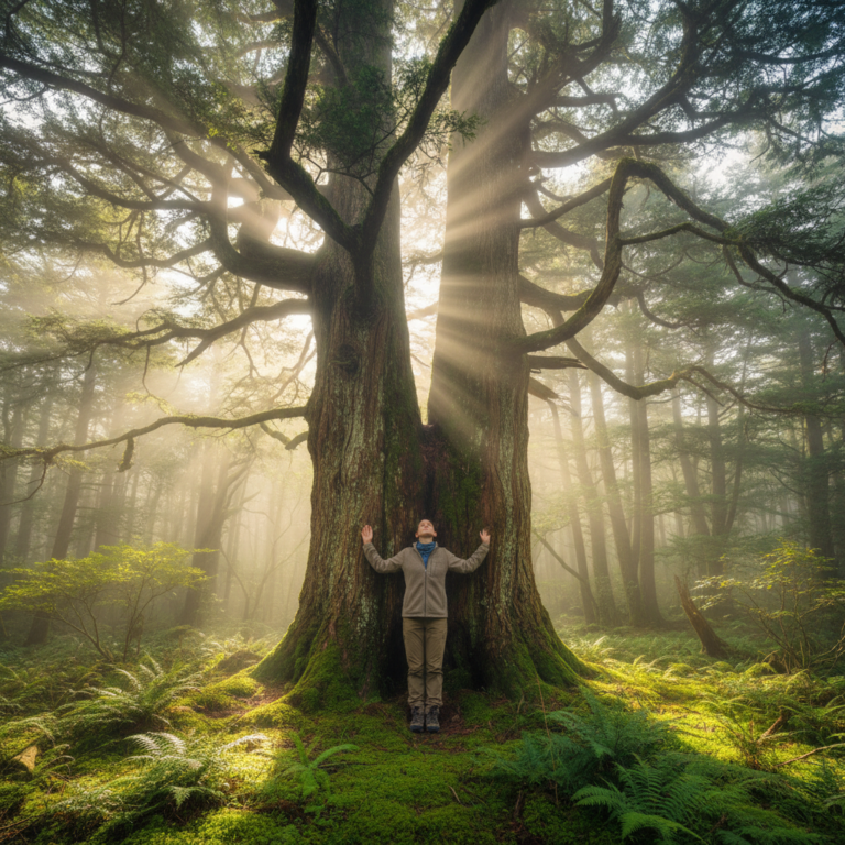 Person touching ancient tree in misty Japanese cedar forest