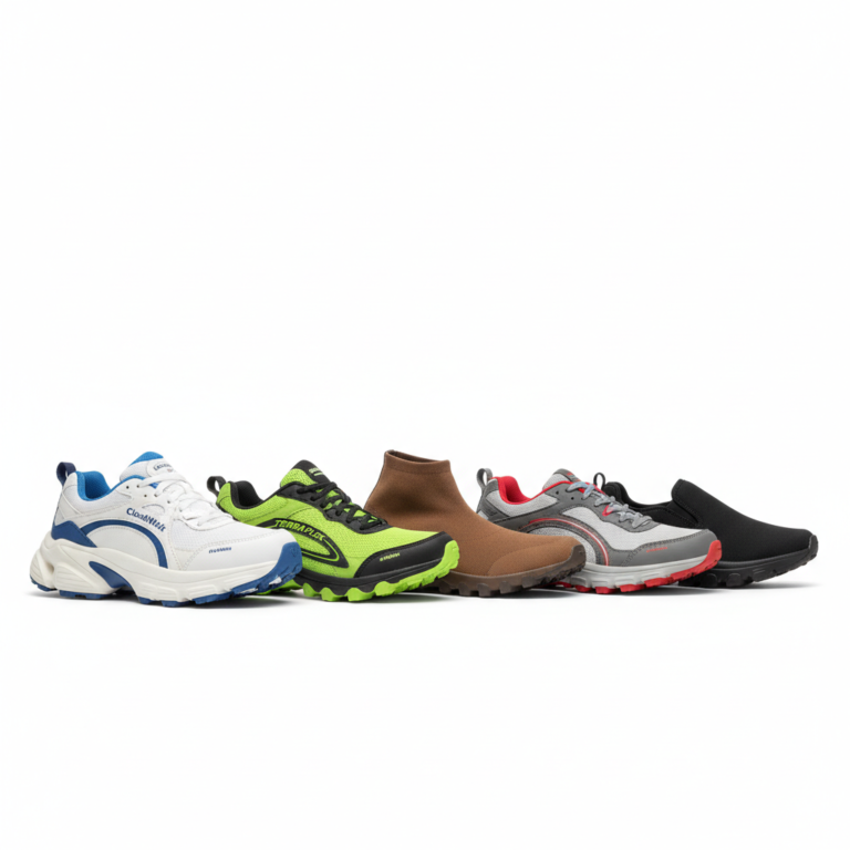 Top 10 walking shoes arranged showing different styles and brands