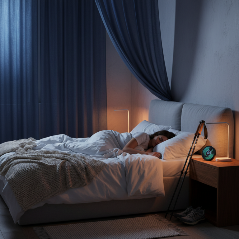 Peaceful bedroom with Nordic walking poles and sleep tracker on nightstand