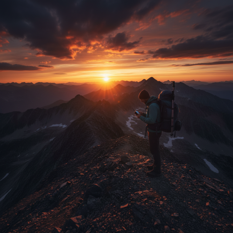 Solo hiker checking satellite communicator on mountain ridge