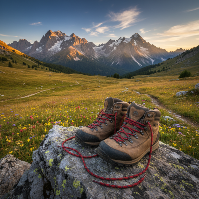 Trekking boots on rocky mountain ledge at golden hour